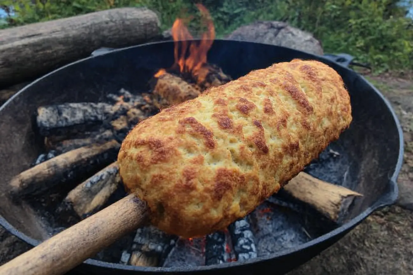 Bannock on a stick cooking over campfire