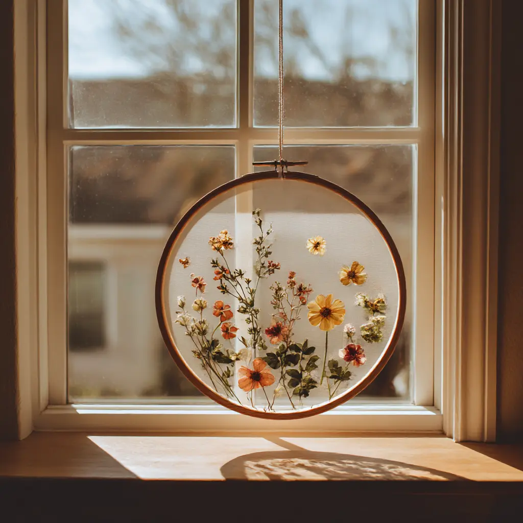 Embroidery hoop suncatcher with colorful dried flowers on a sunny windowpane