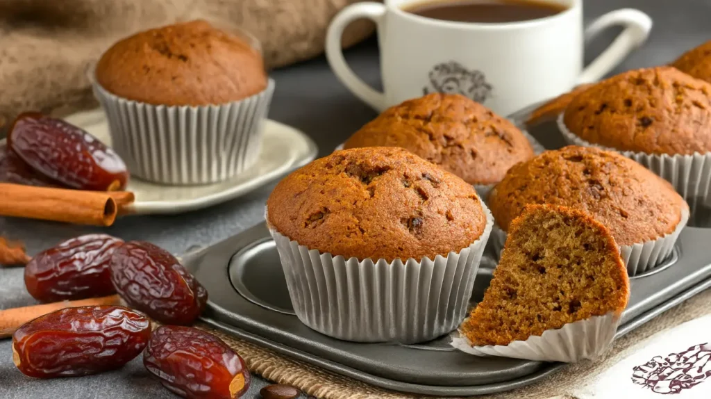 Freshly baked Sticky Date Spice Muffins with caramelized date chunks and pecan crumble topping, resting on a rustic wooden table. Warm autumn spices like cinnamon and nutmeg dust the golden muffin tops. A steamy mug of coffee sits nearby in cozy sunlight