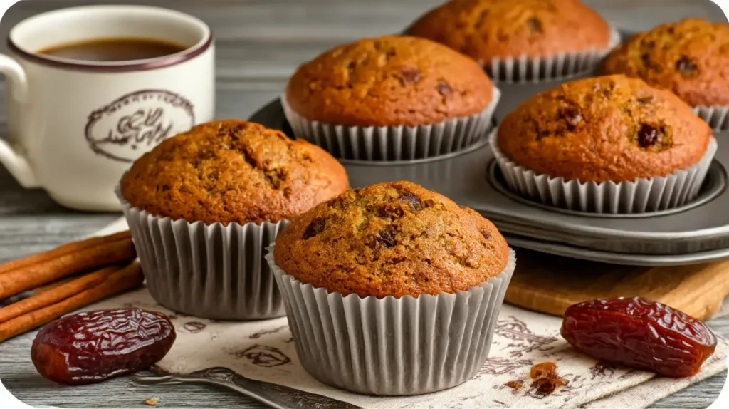 Freshly baked Sticky Date Spice Muffins with caramelized date chunks and pecan crumble topping, resting on a rustic wooden table. Warm autumn spices like cinnamon and nutmeg dust the golden muffin tops. A steamy mug of coffee sits nearby in cozy sunlight