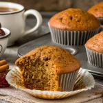 Freshly baked Sticky Date Spice Muffins with caramelized date chunks and pecan crumble topping, resting on a rustic wooden table. Warm autumn spices like cinnamon and nutmeg dust the golden muffin tops. A steamy mug of coffee sits nearby in cozy sunlight