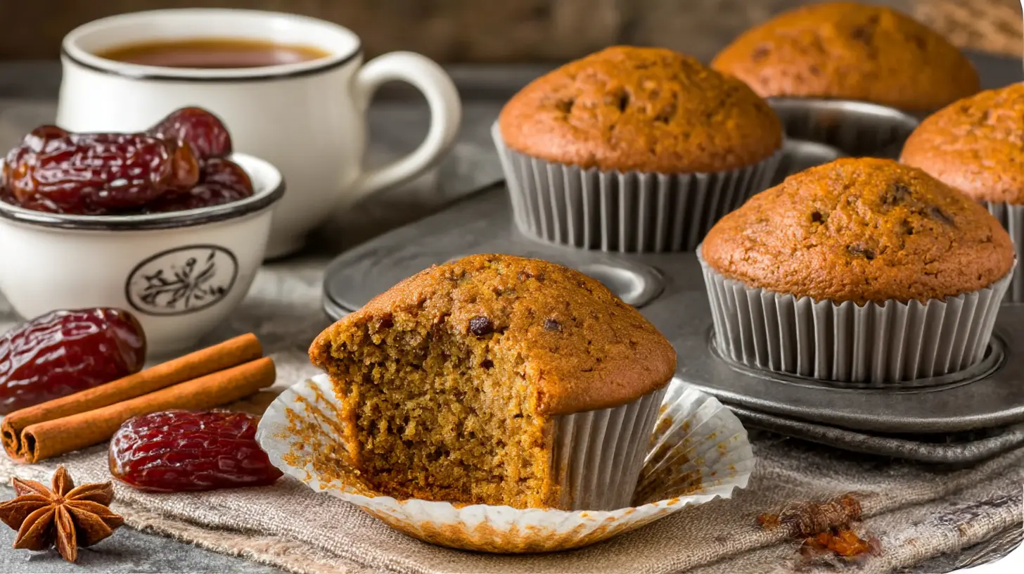 Freshly baked Sticky Date Spice Muffins with caramelized date chunks and pecan crumble topping, resting on a rustic wooden table. Warm autumn spices like cinnamon and nutmeg dust the golden muffin tops. A steamy mug of coffee sits nearby in cozy sunlight