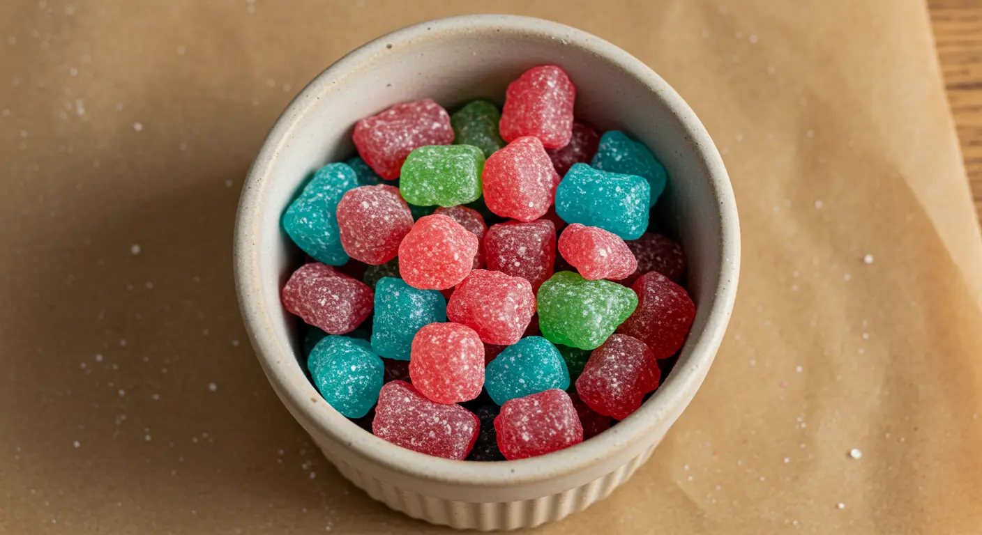 A bowl of colorful homemade Pop Rocks candy with red, green, and blue crystal-like chunks on parchment paper