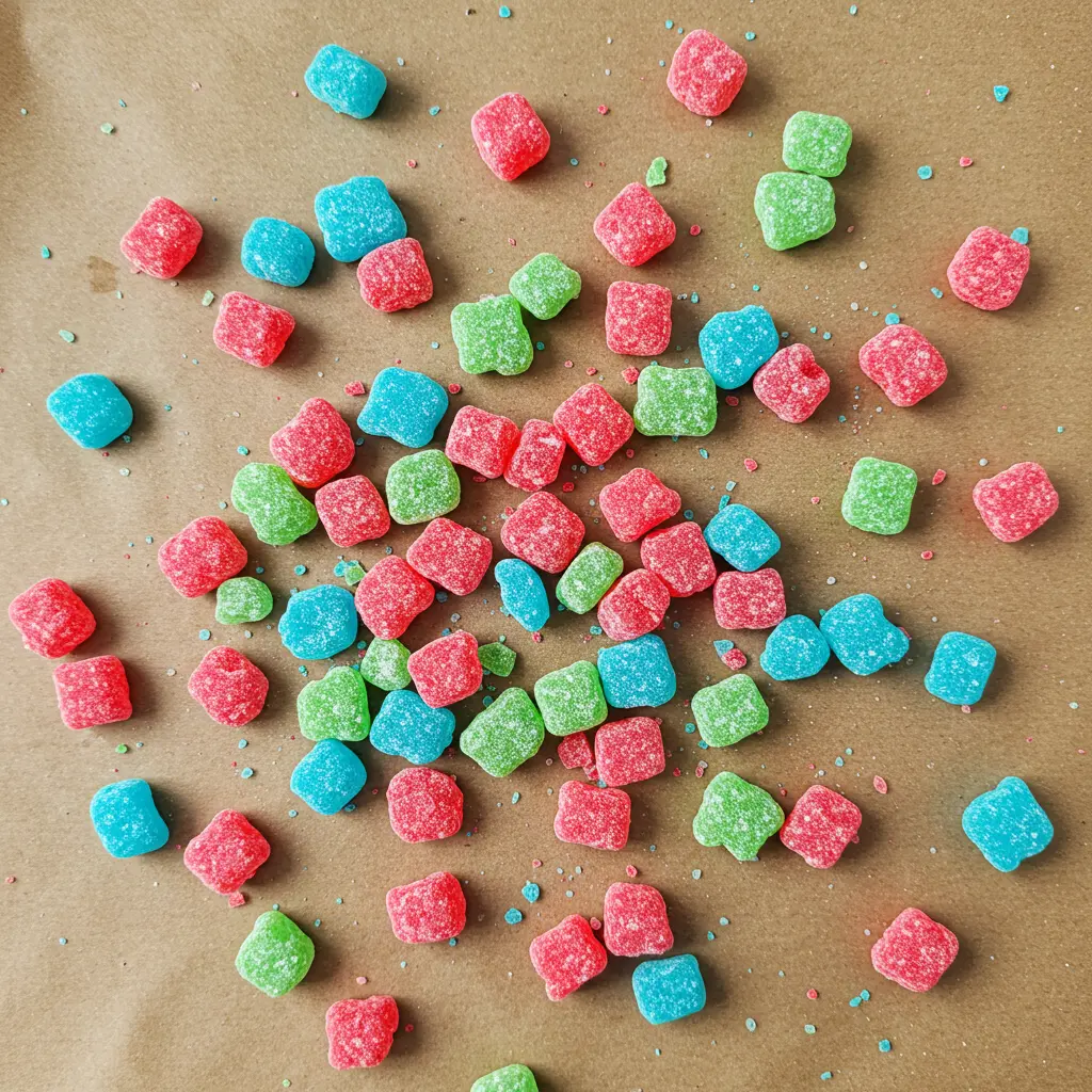 Colorful red, green, and blue homemade Pop Rocks candy scattered on parchment paper

