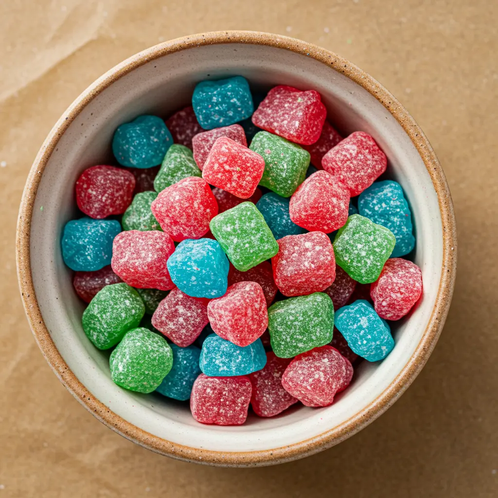 A bowl of colorful homemade Pop Rocks candy with red, green, and blue crystal-like chunks on parchment paper