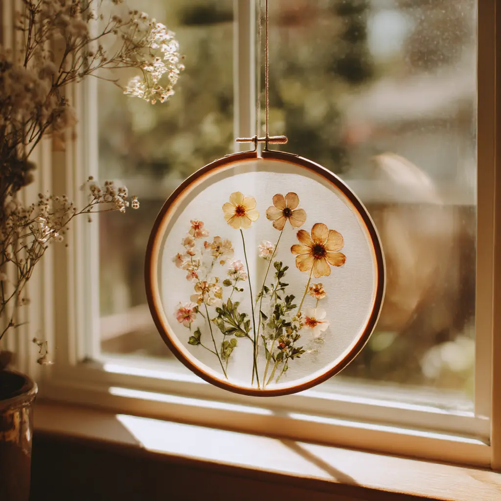 Homemade suncatcher using pressed wildflowers inside a circular hoop, hanging in a window