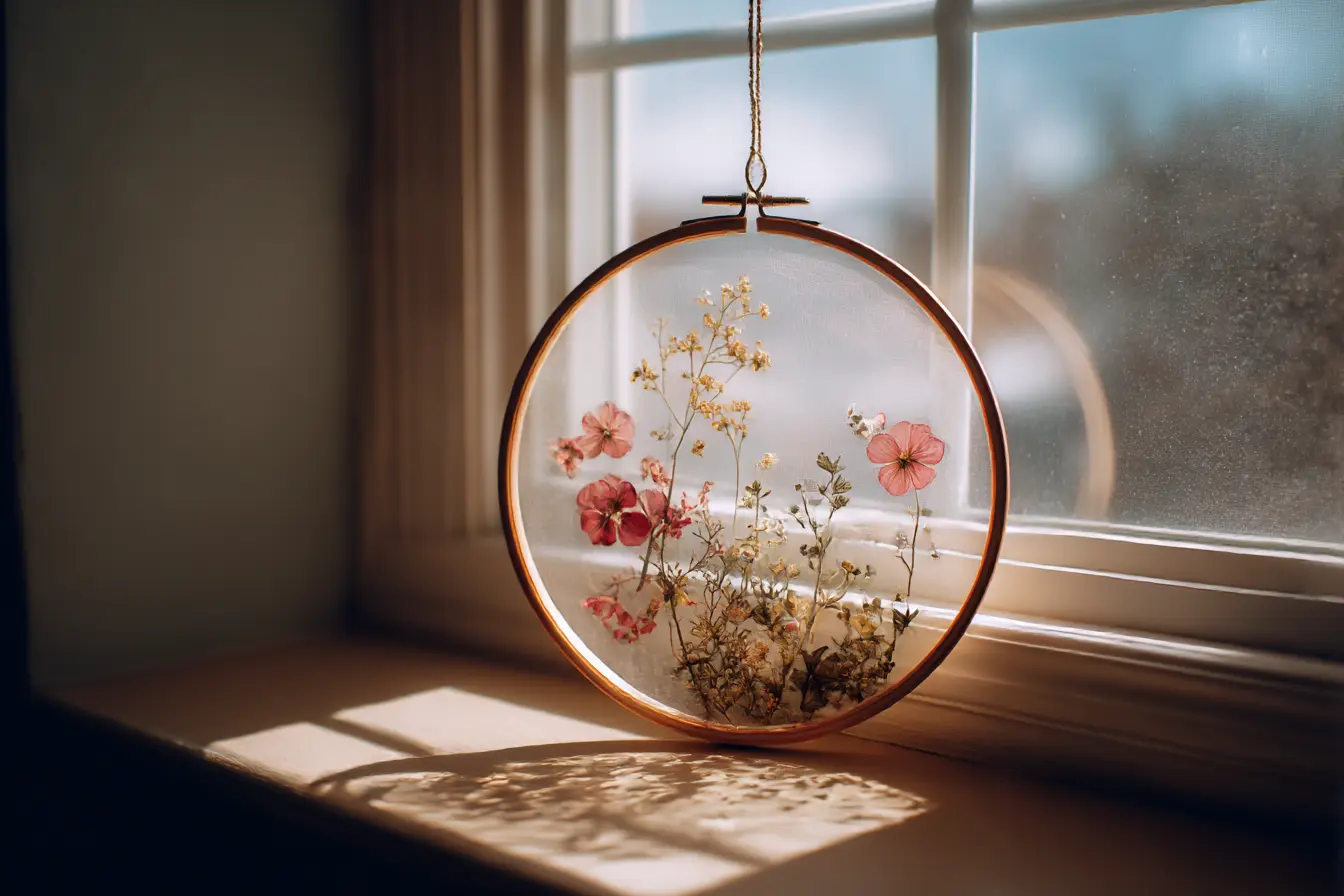 DIY pressed flower suncatcher framed in a wooden embroidery hoop, glowing in natural sunlight