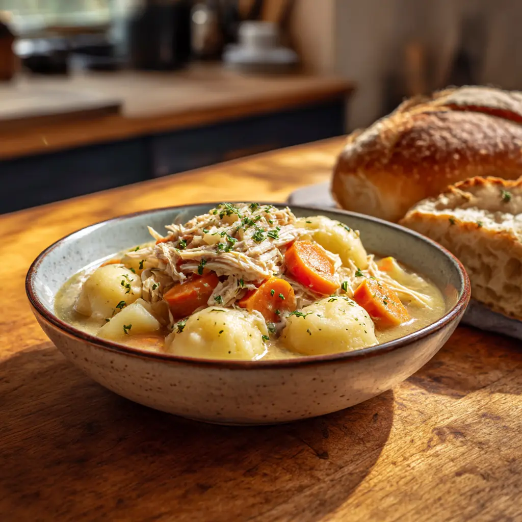 Bowl of traditional Acadian chicken fricot with vegetables and dumplings served in a rustic Nova Scotia kitchen