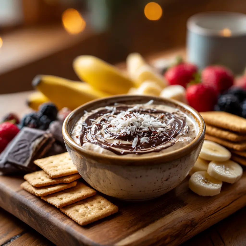 Creamy Nanaimo Bar Dip with Chocolate Swirl and Coconut – Served with Fresh Fruit and Cookies