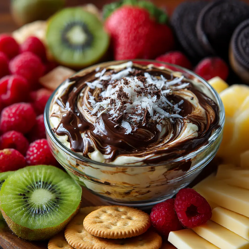 Bowl of Nanaimo bar Dip dessert dip with chocolate and coconut, served with graham crackers, berries, and banana slices on a wooden board