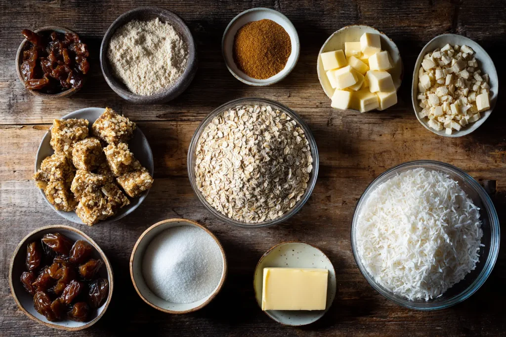 Ingredients for making Newfoundland Date Squares laid out on a wooden counter.