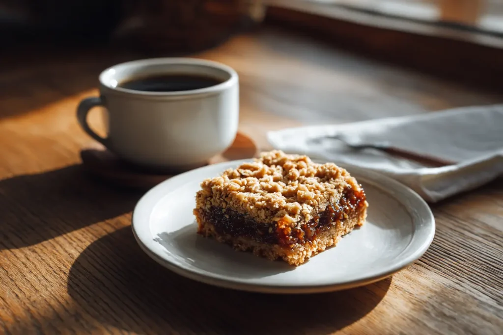 A single serving of a Newfoundland Date Square on a plate beside a cup of coffee.