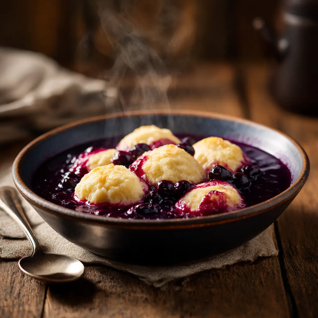 A warm bowl of Nova Scotia Blueberry Grunt served on a rustic wooden table
