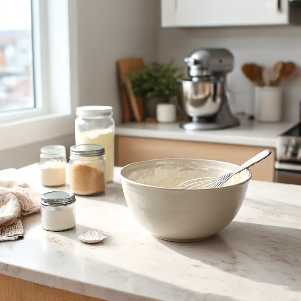Bowl of creamy homemade Halifax donair sauce centered on a kitchen counter