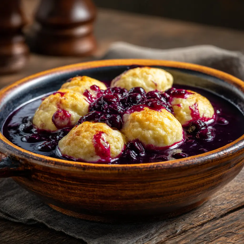 A warm bowl of Nova Scotia Blueberry Grunt served on a rustic wooden table