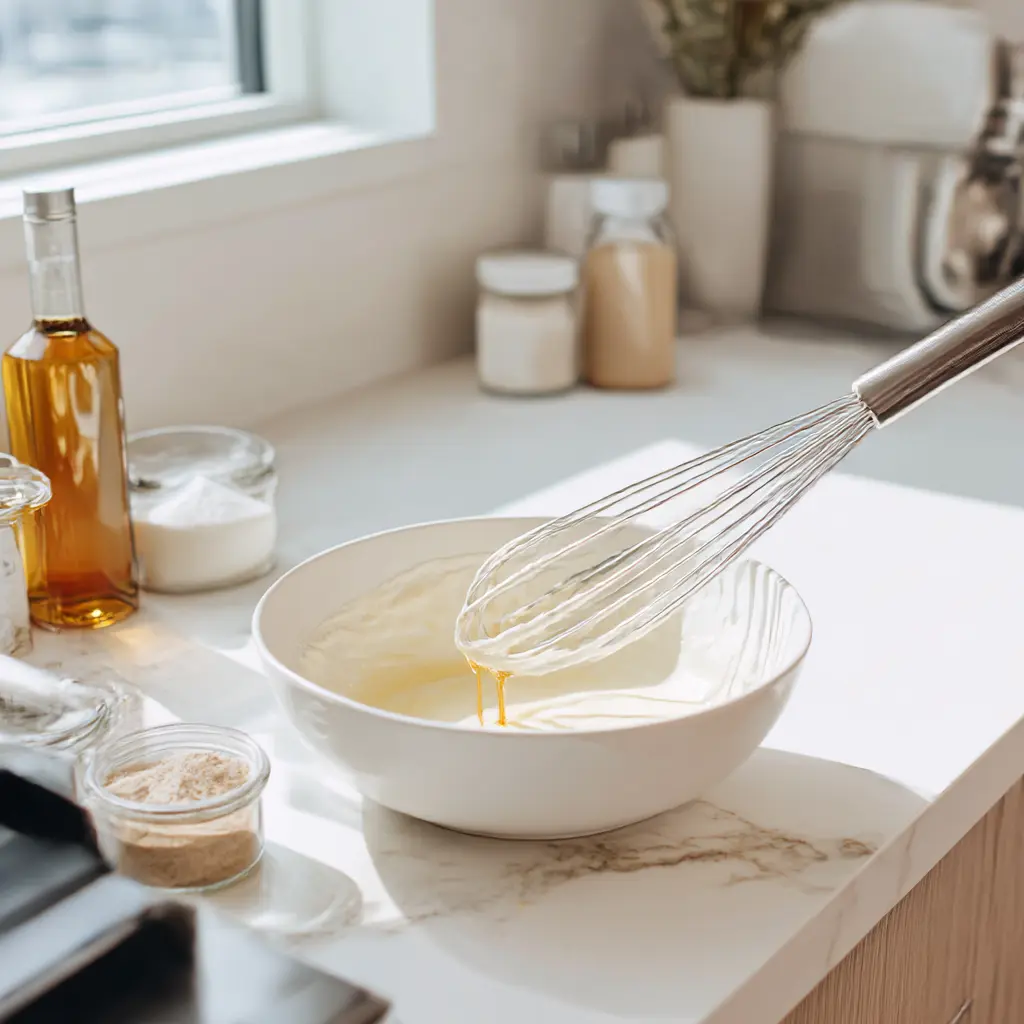 Bowl of creamy homemade Halifax donair sauce centered on a kitchen counter
