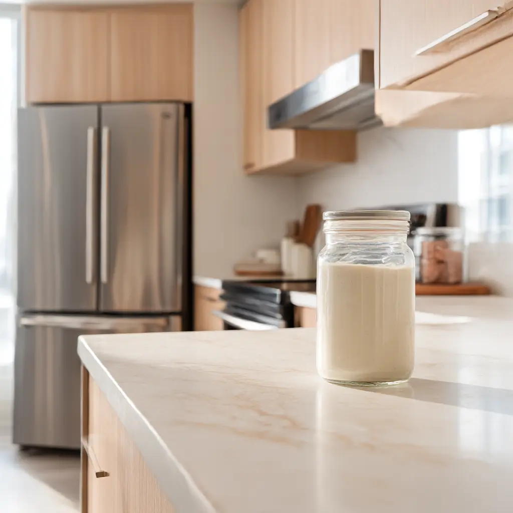 Bowl of creamy homemade Halifax donair sauce centered on a kitchen counter