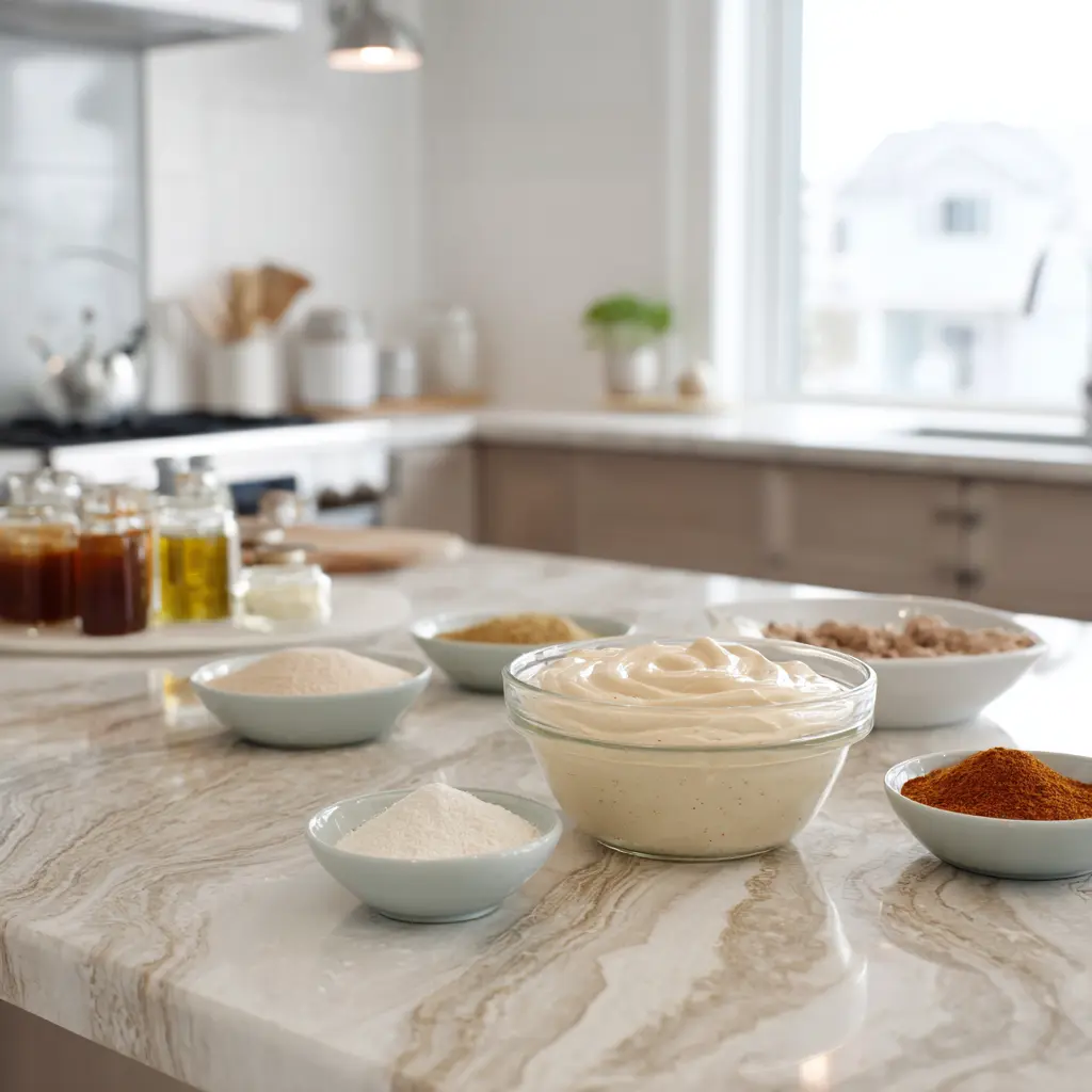 Bowl of creamy homemade Halifax donair sauce centered on a kitchen counter with ingredients arranged around it
