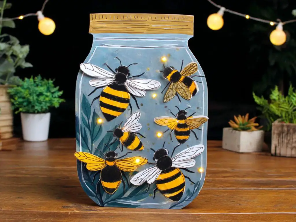 Completed glowing bee jar craft made from paper with cut-out bees and LED lights glowing behind them, displayed on a table.

