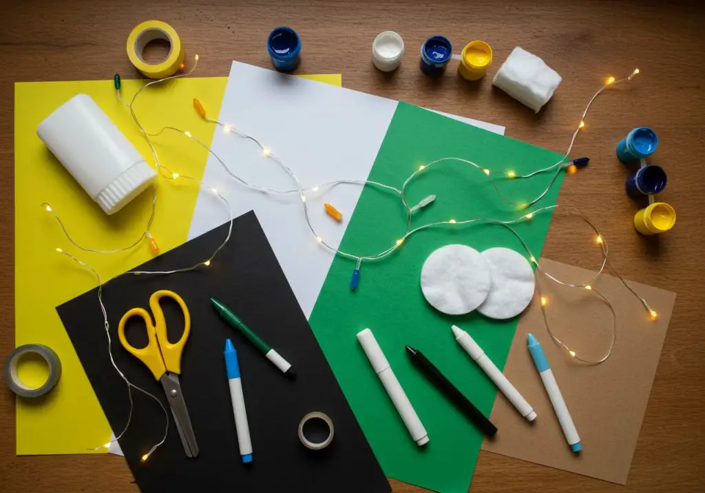 Flat lay of colorful craft supplies for making a glowing bee jar, including paper, glue, scissors, LED lights, paint, and markers on a wooden table.

