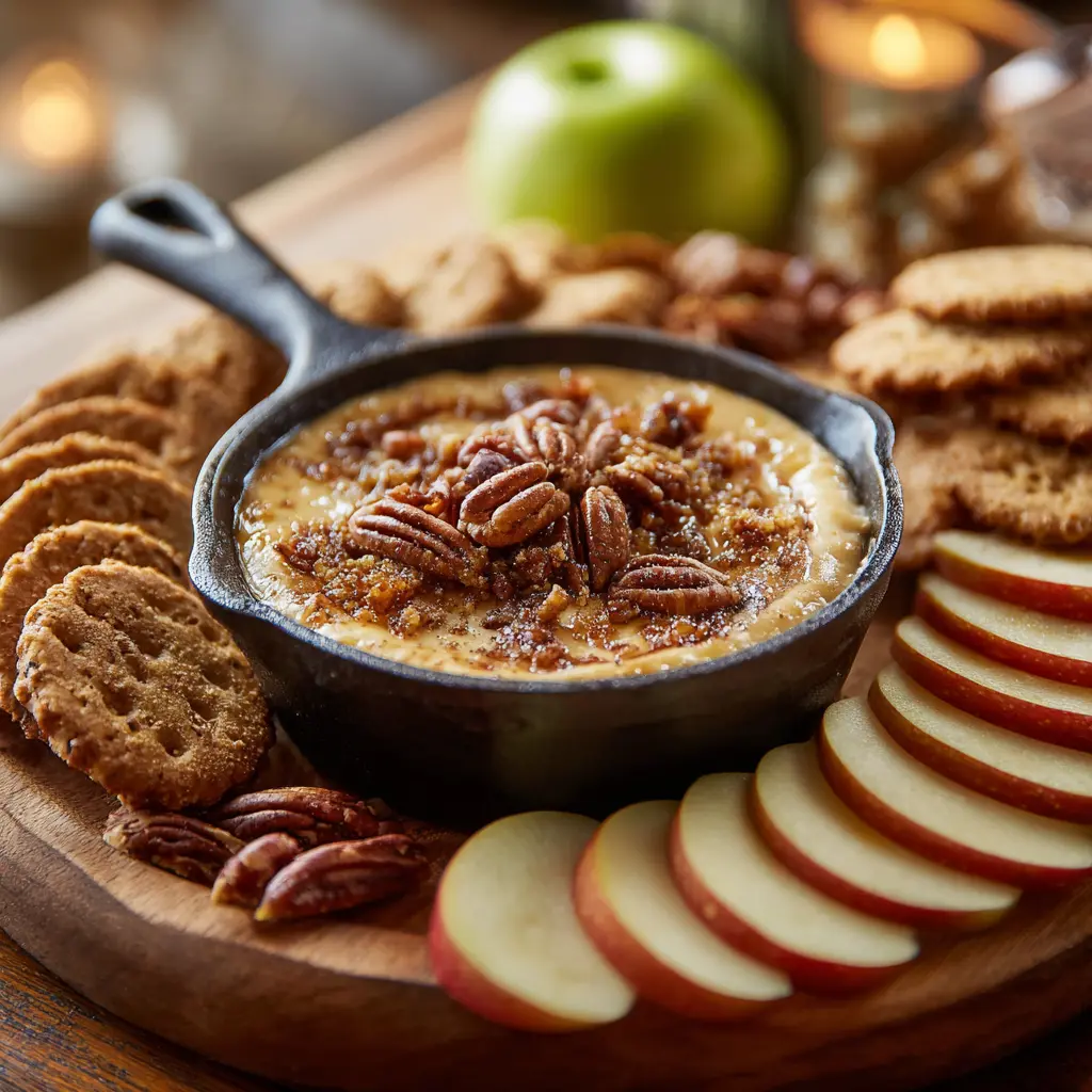 A close-up iPhone-style photo of a warm butter tart dip served in a small black cast iron skillet