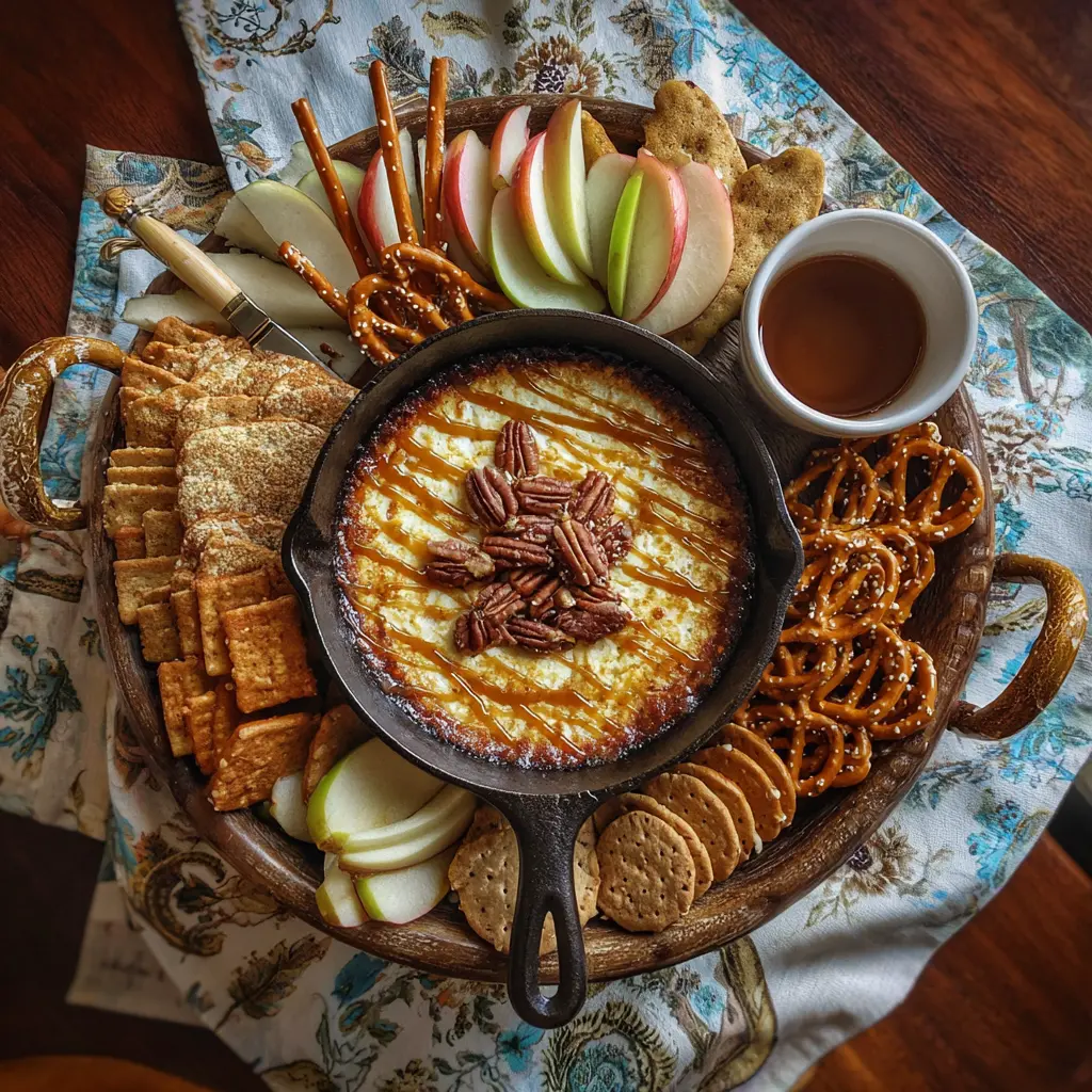 Overhead shot captured with an iPhone of a rustic dessert table featuring a cast iron skillet of gooey butter tart dip