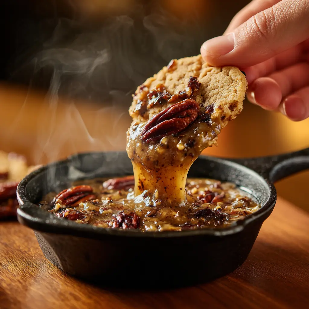 A photo-realistic iPhone-style close-up of a cookie being dipped into a warm, gooey butter tart dip