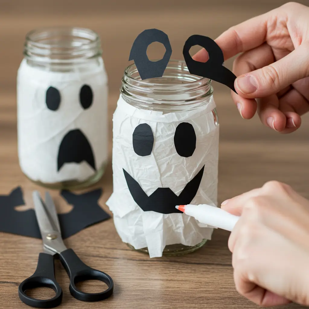 Black paper cut-outs of ghost eyes and mouth being glued onto a tissue-covered jar.
