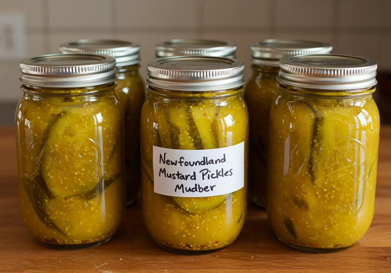 Ladling mustard pickles into sterilized mason jars with a canning funnel.