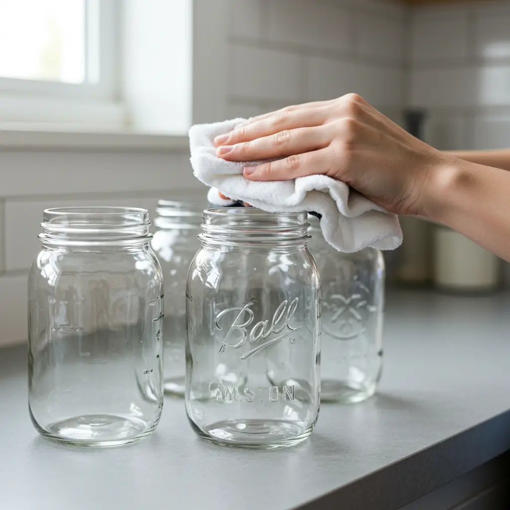 Person wiping empty glass mason jars with a cloth before starting Halloween ghost jar craft.
