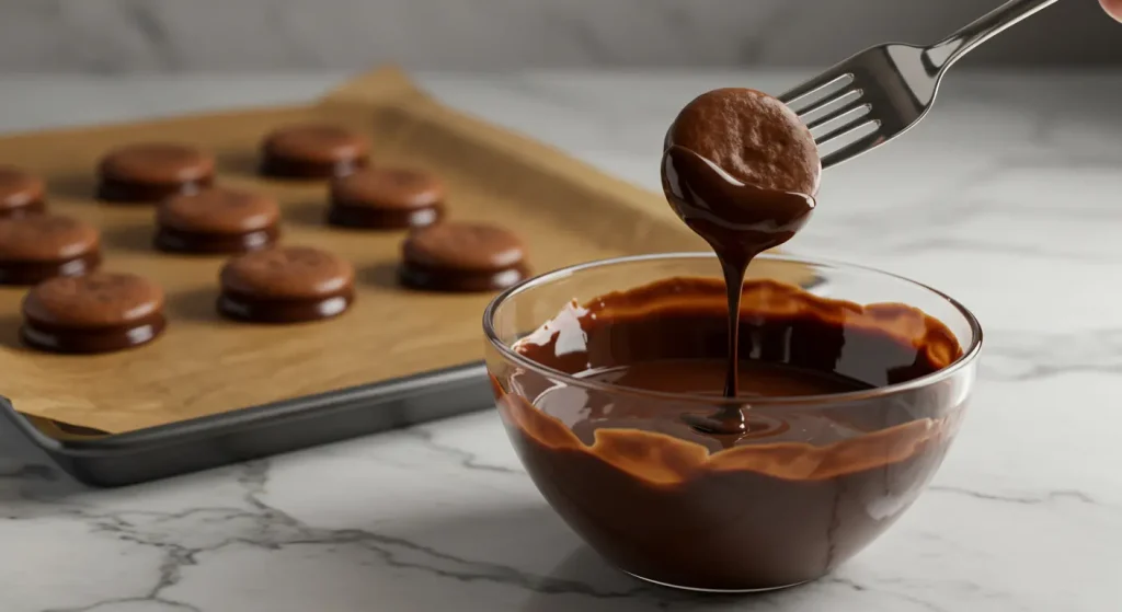 Mint patty being dipped into melted chocolate with a fork, chocolate dripping back into the bowl.
