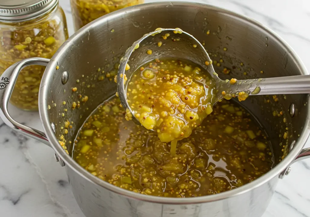 Mustard pickles simmering in a stainless steel pot with a wooden spoon stirring.