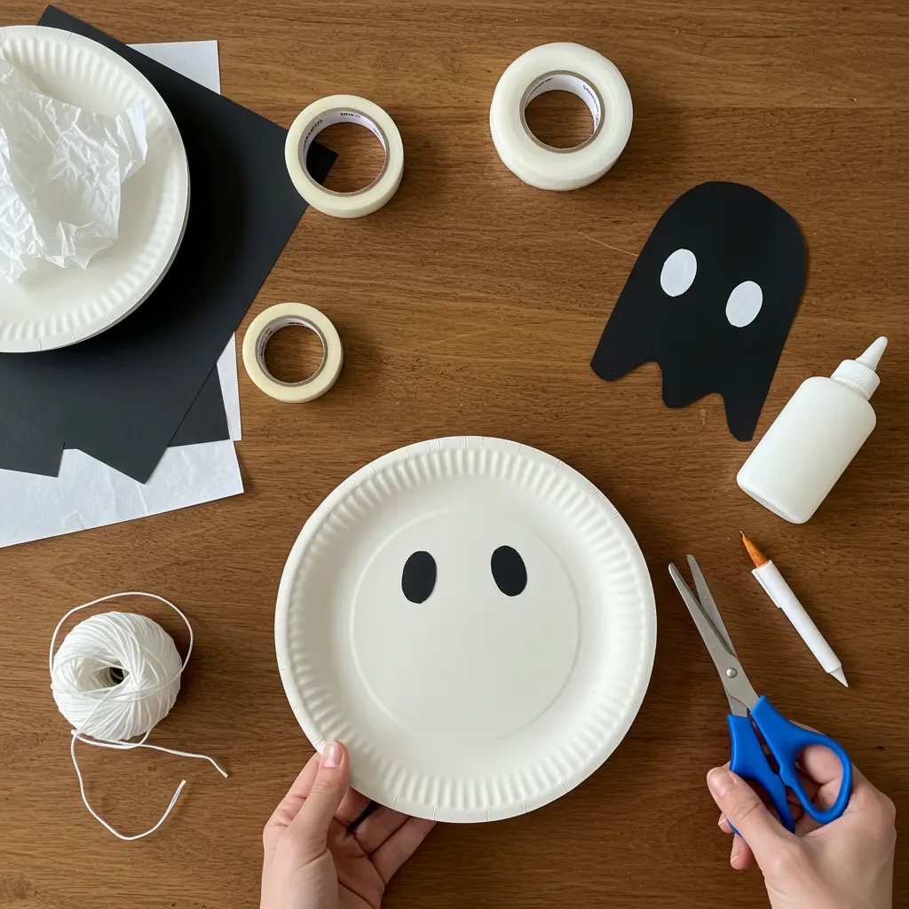 Scissors cutting black paper into ghost eyes for a paper plate craft.