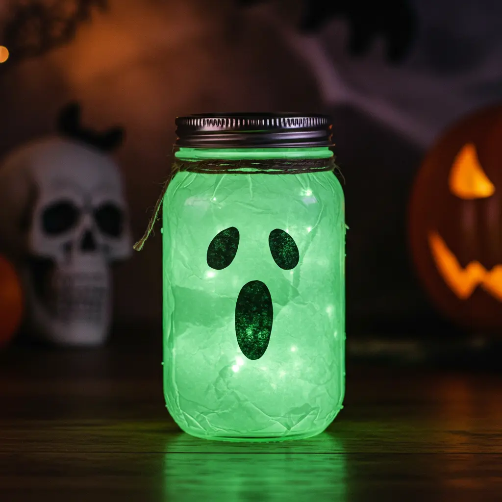 A finished mason jar ghost glowing green in the dark with spooky face.
