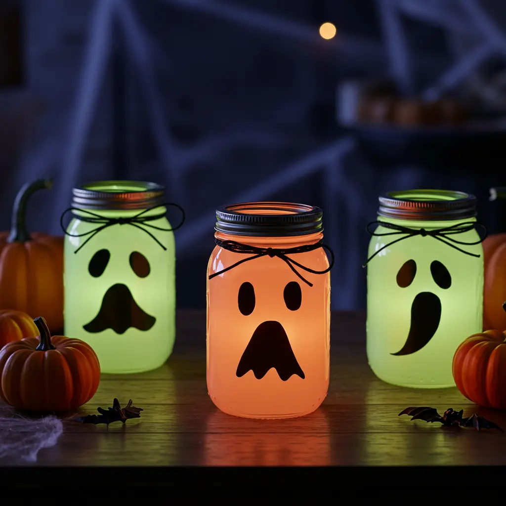 Three glowing mason jar ghosts with spooky faces sitting on a table with pumpkins and cobwebs.