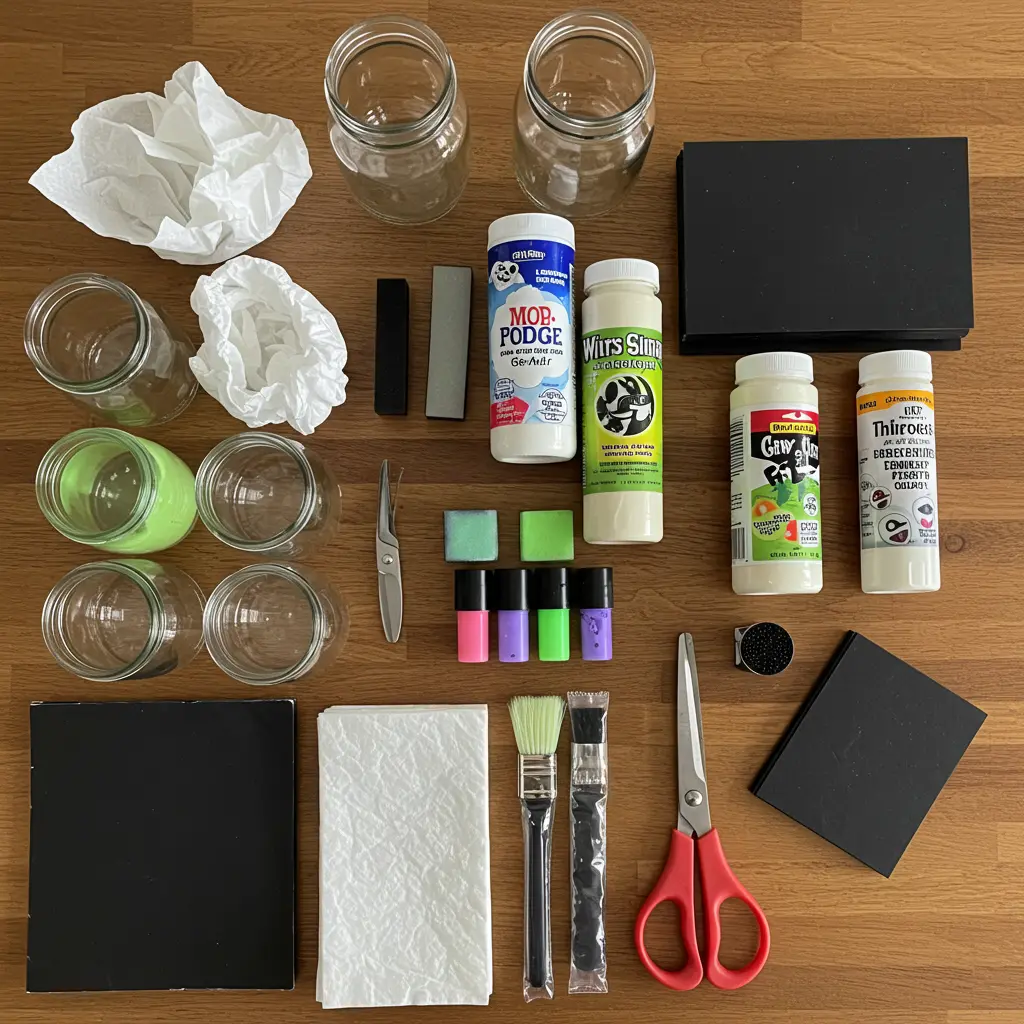Craft supplies for making glow-in-the-dark ghost jars including glass jars, tissue paper, glow paint, brush, scissors, glue, and black paper.
