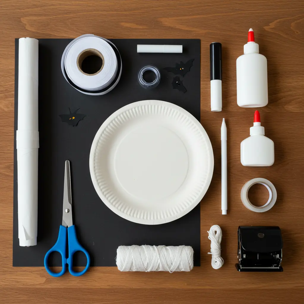 Supplies for making paper plate ghosts including plate, paper, streamers, glue, tape, scissors, and string.