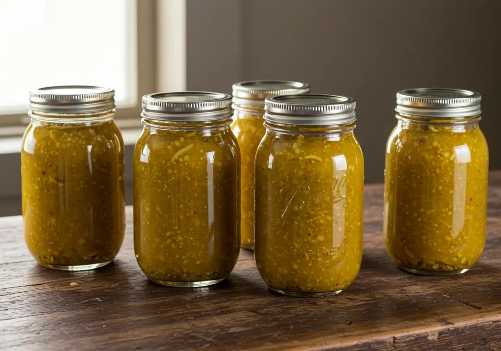 Six mason jars of golden Newfoundland Mustard Pickles with handwritten labels on a wooden counter.