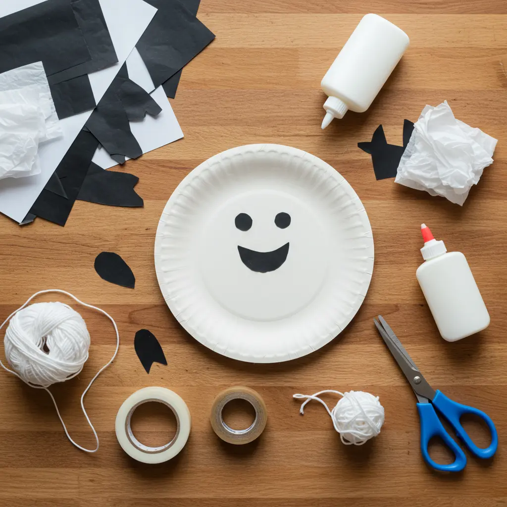 Black paper eyes and mouth glued onto a white paper plate.