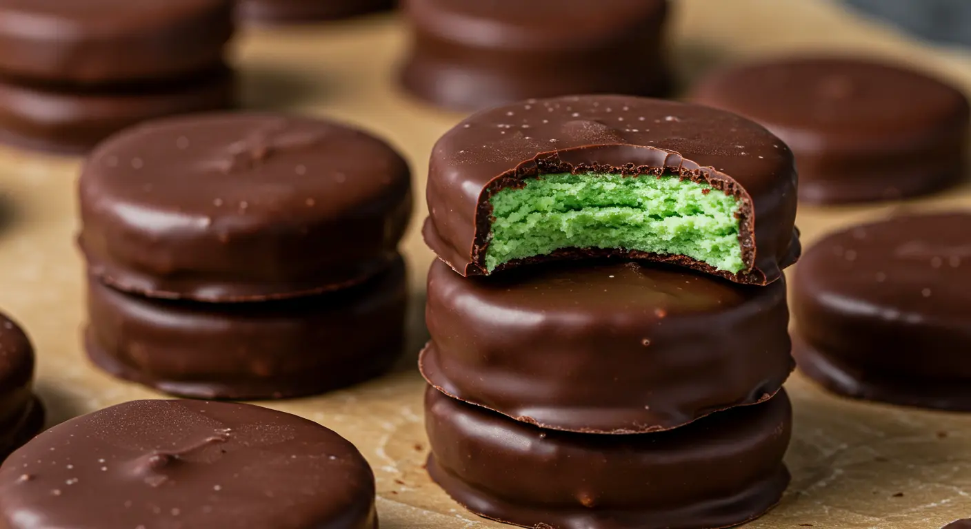 Stack of chocolate covered mint patties with one showing a bite revealing green mint filling.