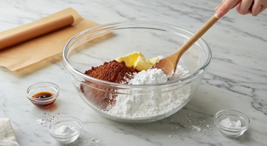 Mixing powdered sugar, cocoa powder, butter, milk, and peppermint extract in a glass bowl for homemade mint patties.