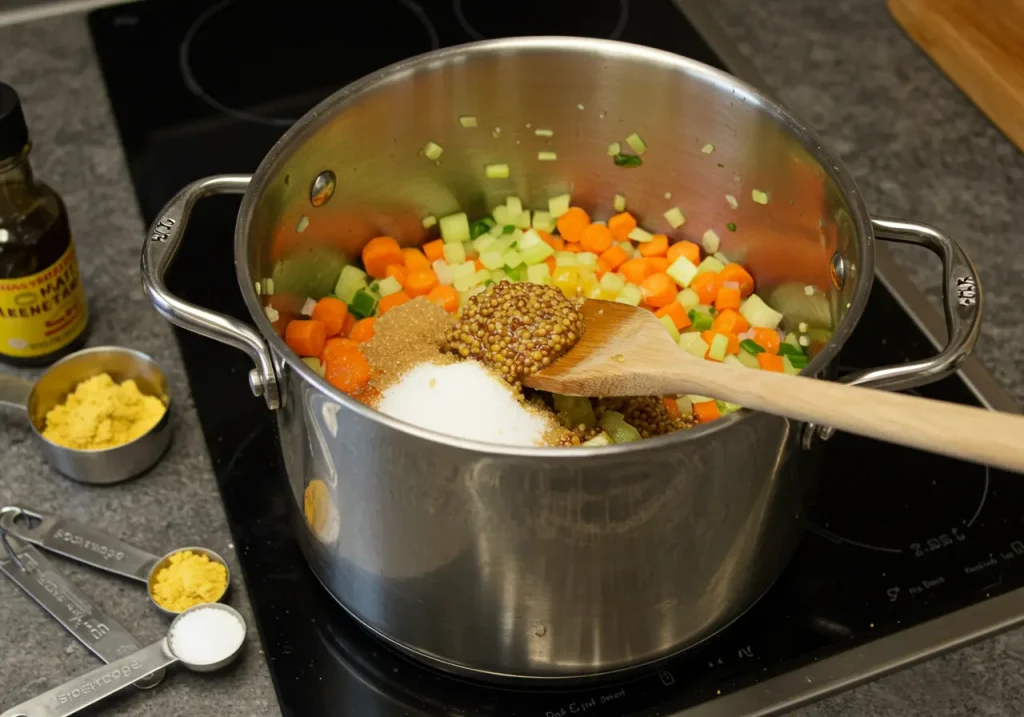 Chopped vegetables, mustard, vinegar, and spices combined in a large stainless steel pot.