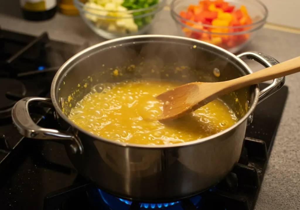 Mustard pickles mixture bubbling in a stainless steel pot with steam rising.