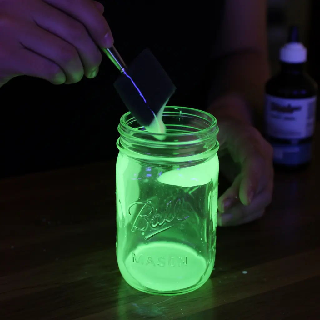 Hand using foam brush to coat a glass jar with glow-in-the-dark paint for Halloween craft.