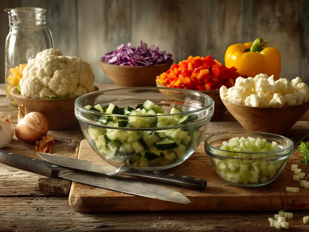 Chopped cucumbers, onions, cauliflower, and peppers on a cutting board in a cozy Newfoundland kitchen.