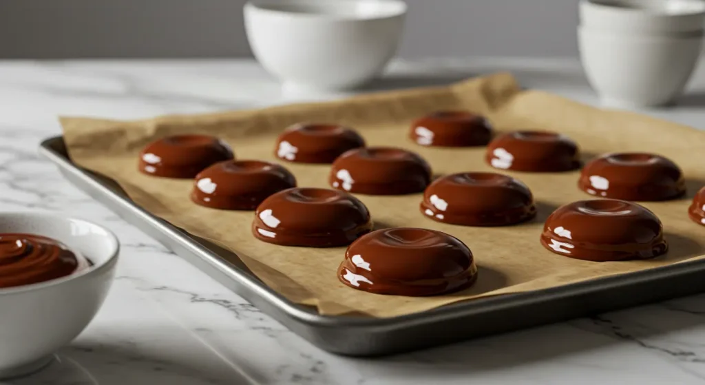 Freshly dipped chocolate mint patties setting on parchment paper with a glossy finish.