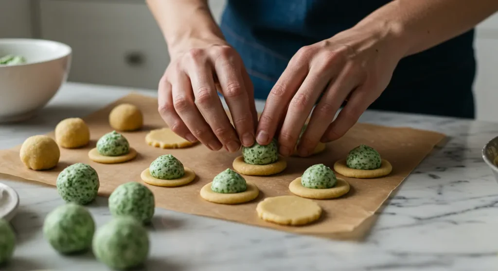 Hands shaping round mint filling discs on parchment paper for chocolate covered mint patties.