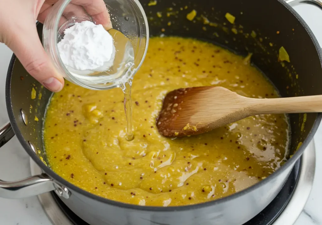 Cornstarch and water slurry being poured into simmering mustard pickles mixture.