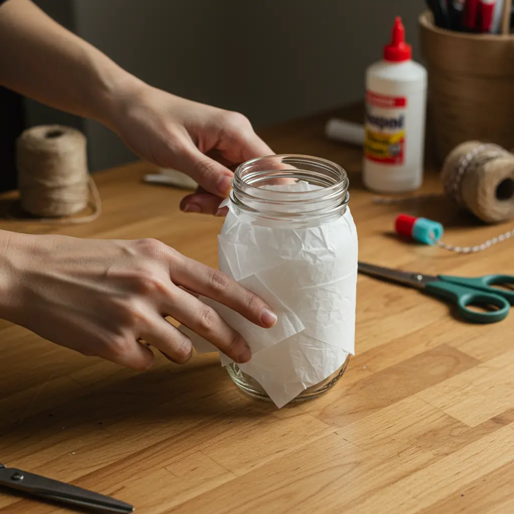 Hands wrapping a mason jar with white tissue paper to create a ghostly look.