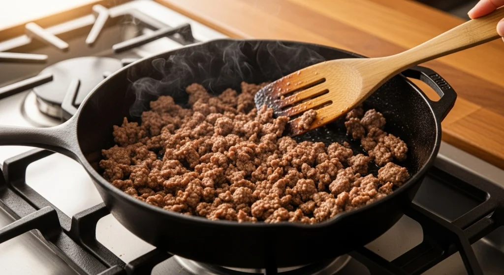 Cooking Beef in Skillet of garlic parmesan cheeseburger bombss